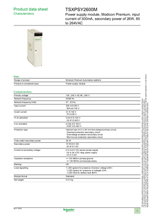 Imagen de Power supply module, Modicon Premium, input current of 300mA, secondary power of 26W, 85 to 264VAC