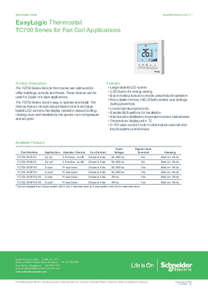 的映像 適用於風機盤管系統的 EasyLogic TC700 系列恆溫器－產品規格說明