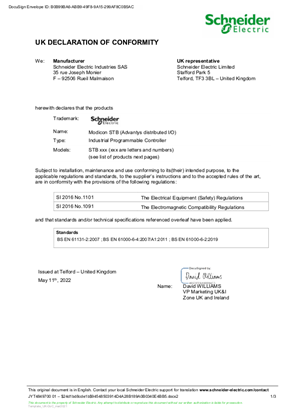 Imagen de Modicon STB, Declaration of Conformity, UKCA, Schneider Electric