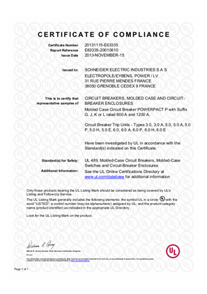 Image of PowerPact P-Frame, Certificate, UL
