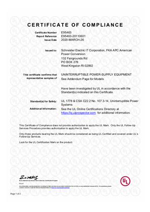 UL CERTIFICATE SMART UPS Schneider Electric