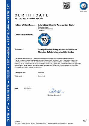 Preventa XPSMCM Certificate TUV Functional Safety Schneider Electric
