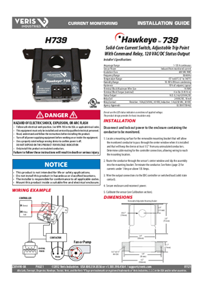 Imagen de H739 Solid-Core Current Switch, Adjustable Trip Point With Command Relay, 120 VAC/DC Status Output - Installation Guide