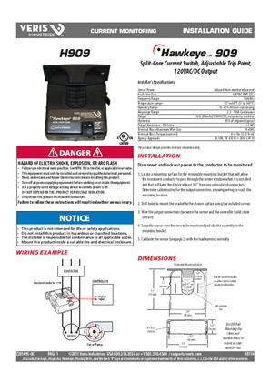 Image of H909 Split-Core Current Switch, Adjustable Trip Point, 120VAC/DC Output - Installation Guide