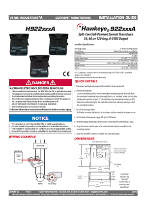 Image of H922xxxA Split-Core Self-Powered Current Transducer, 30, 60, or 120 Amp, 0-5VDC Output - Installation Instructions