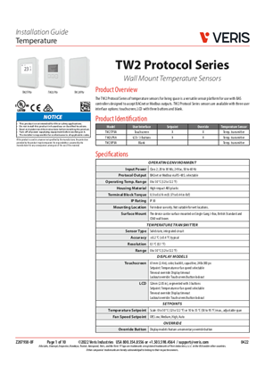 的映像 TW2 Protocol Series Wall Mount Temperature Sensors - Installation Instructions