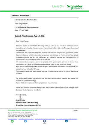 Image of Schneider Electric Price Increase Letter