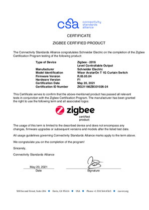 的映像 Zigbee certificate