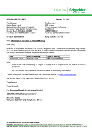 Image of Intimation of Analyst Meeting - January 12 2024