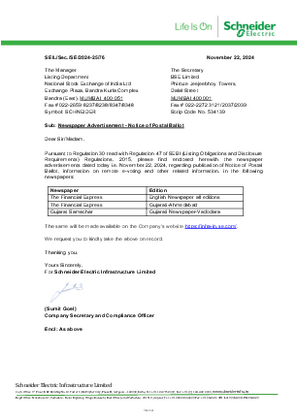 Image of Intimation - Newspaper Advertisement - Postal Ballot