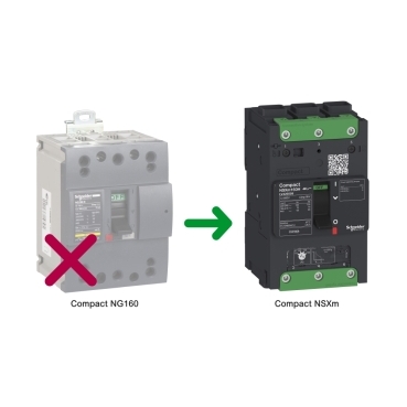 NG160 Schneider Electric Compact NG160 molded case circuit breakers and switches are pending obsolescence in 2018.  It is replaced by Compact NSXm.