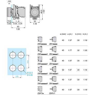 Illuminated push button, Harmony XB4, metal, flush, red, 22mm, spring return, lt 250V, 1NO+1NC