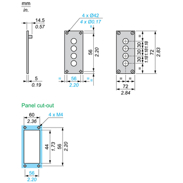 XAPE301 - Drilled front plate, Harmony XAP, XB2 SL, metal, 1 cut
