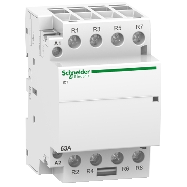 Acti9 iCT Schneider Electric Normkontaktorer iCT i Acti9 sortimentet finns i utförande 1 till 4 poler med märkström 16 A till 100 A med slutande och brytande kontakter.