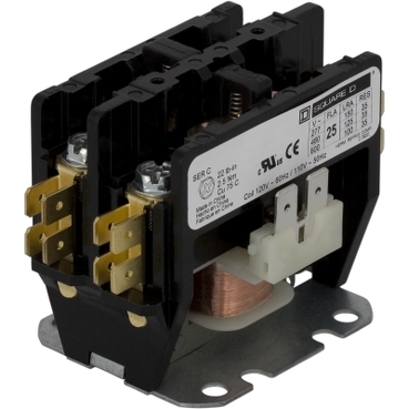 8910DP12V09Y135 - Contactor, Definite Purpose, 20A, 2 pole, 208/240 VAC 60  Hz 220 VAC 50 Hz coil, open, DIN mount