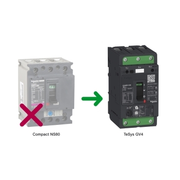 Compact NS80H MA Schneider Electric Compact NS80H MA molded case circuit breakers are pending obsolescence in 2018.  It is replaced by TeSys GV4.