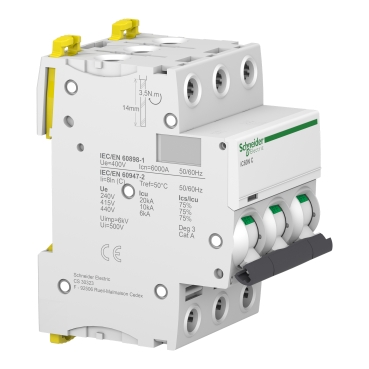Miniature circuit breaker (MCB), Acti9 iC60N, 3P, 63A, C curve, 6000A (IEC/EN 60898-1), 10kA (IEC/EN 60947-2)-3