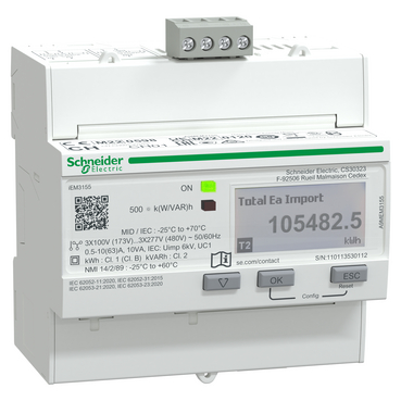 A9MEM3155, iEM3155 energy meter, 63 A, Modbus, 1 digital I, 1 digital O, multi-tariff, MID-2
