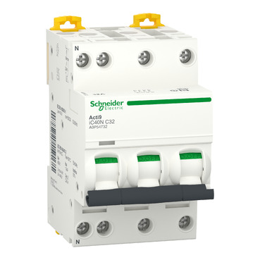Miniature circuit-breaker, Acti9 iC40N, 3P+N, 32 A, C curve, 6000 A (IEC 60898-1), 10 kA (IEC 60947-2)