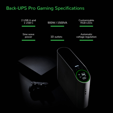 Back-UPS Pro Gaming, 10 Outlets, 1,500 VA, 1,080 J, Arctic