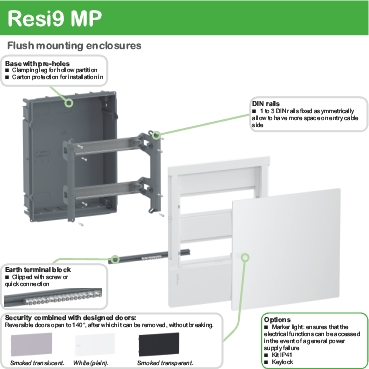 Enclosure, Resi9 MP, flush mounting, 1 row of 18 modules, IP40, smoked door, 1 earth + 1 neutral terminal blocks-2