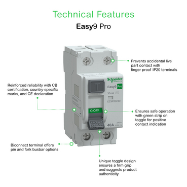 EZ9R39240 - Kaçak Akım Koruma Rölesi, Easy9 Pro, AC Tipi, 30mA, 2