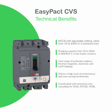 circuit breaker EasyPact CVS100B, 25 kA at 415 VAC, 63 A rating thermal magnetic TM-D trip unit, 4P 3d-3