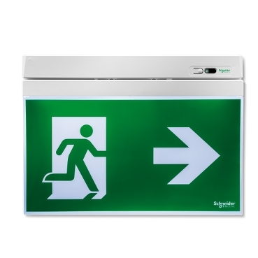 Exiway Smartexit Dicube Schneider Electric Panneau de sortie d'urgence adressable éclairé pour vous guider vers la sortie en cas de panne électrique, permettant de rendre visibles les obstacles ainsi que les alarmes en cas d'incendie.