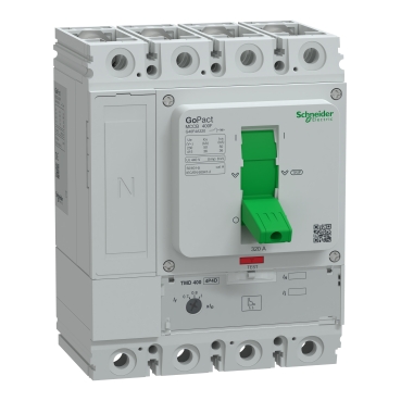 G40F4A320 Circuit breaker, GoPact MCCB 400, 4 poles, 36kA at 415VAC, 320A, TMD trip unit, adjustable thermal protection, up to 50°C