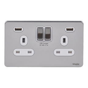 Ggbgu34202usbwss Ultimate Switched Socket 2 Usb Charger 2 Gang 13a Stainless Steel Whit Schneider Electric Uk