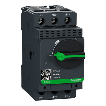 Motor circuit breaker, TeSys GV2, 3P, 4 A, magnetic, rotary handle, screw clamp terminals