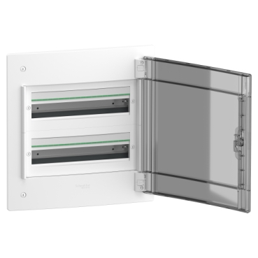 Modular enclosure, PrismaSeT XS, flush, 2x18 modules, 1 earth term. block, smoked door, 850°C resistant back plate-2
