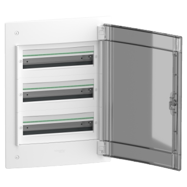 Modular enclosure, PrismaSeT XS, flush, 3x18 modules, 1 earth term. block, smoked door, 850°C resistant back plate-2