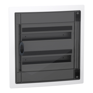 Modular enclosure, PrismaSeT XS, flush, 2x18 modules, 1 earth term. block, smoked door, 850°C resistant back plate