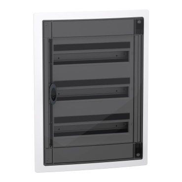 Modular enclosure, PrismaSeT XS, flush, 3x18 modules, 1 earth term. block, smoked door, 850°C resistant back plate