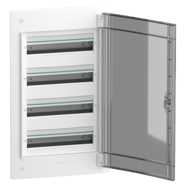 Modular enclosure, PrismaSeT XS, flush, 4x18 modules, 1 earth term. block, smoked door, 850°C resistant back plate-2