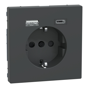 MTN2367-6034 - USB charger + socket-outlet, Merten System Design, 2P + E,  16A screwless terminals, matt, anthracite