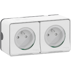 Mureva Styl - Double prise 2P+T précâblée horiz - saillie - IP55 - IK08 - blanc