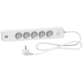 Odace Extend - Rallonge multiprises avec 5 prises avec terre & 2 prises USB Type-A - Cordon 1,5m - Blanche