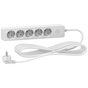ST9455W Schneider Electric Kytkentäkaapeli, Unica extend, 5 Schuko, kytkimellä varustettu, 5 m kaapeli, valkoinen