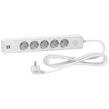 ST945U3W Schneider Electric Anschlusskabel, Unica Extend, 5 Schuko-Stecker, umschaltbar, USB Typ A+A, 3 m Kabel, weiß
