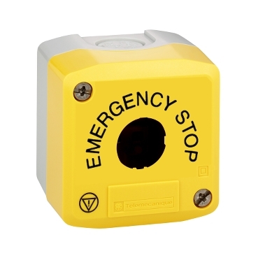 Harmony XALD, XALK, Empty control station, plastic, yellow, 1 cut-out, marked EMERGENCY STOP and logo ISO13850