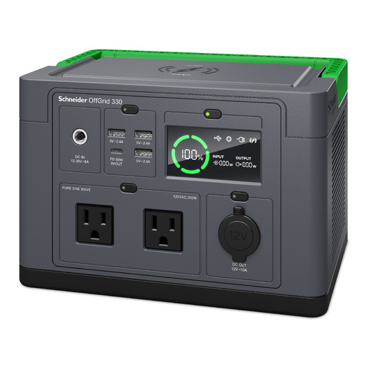 Schneider OffGrid Portable Power Station 330, 120V, 332Wh Lithium-ion, LCD, 2 NEMA, Sinewave, 3 USB-A, 1 USB-C, Wireless Charger