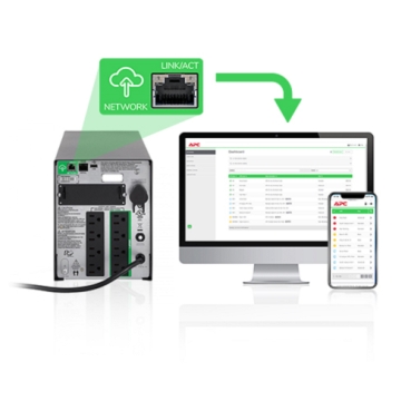 EcoStruxure™ IT SmartConnect Schneider Electric Gotowe do użycia zdalne monitorowanie zasilania, diagnostyka, aktualizacje frimware UPS i powiadomienia e-mail dla APC Smart-UPS za pośrednictwem portu SmartConnect.