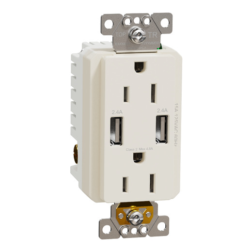 USB charger + socket-outlet, X Series, 15A socket, 4.8A USB A/A, duplex, tamper resistant, light almond, matte finish