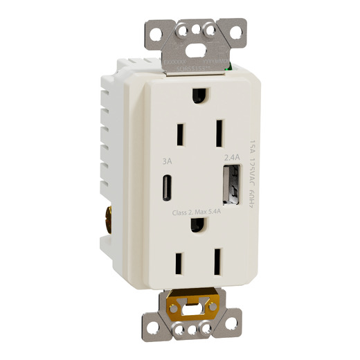 USB charger + socket-outlet, X Series, 15A socket, 5.4A USB A/C, duplex, tamper resistant, light almond, matte finish