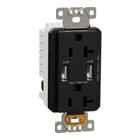 USB charger + socket-outlet, X Series, 20A socket, 4.8A USB A/A, duplex, tamper resistant, black, matte finish