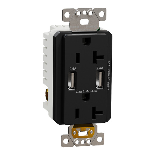 USB charger + socket-outlet, X Series, 20A socket, 4.8A USB A/A, duplex, tamper resistant, black, matte finish