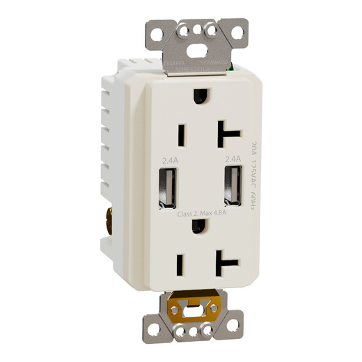 USB charger + socket-outlet, X Series, 20A socket, 4.8A USB A/A, duplex, tamper resistant, light almond, matte finish