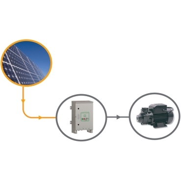 Sistema de Bombeo de Agua Solar Schneider Electric Sistema totalmente automático usando unidad de velocidad variable compatible con bombas de montaje AC, fase 3, sumergible y de superficie.